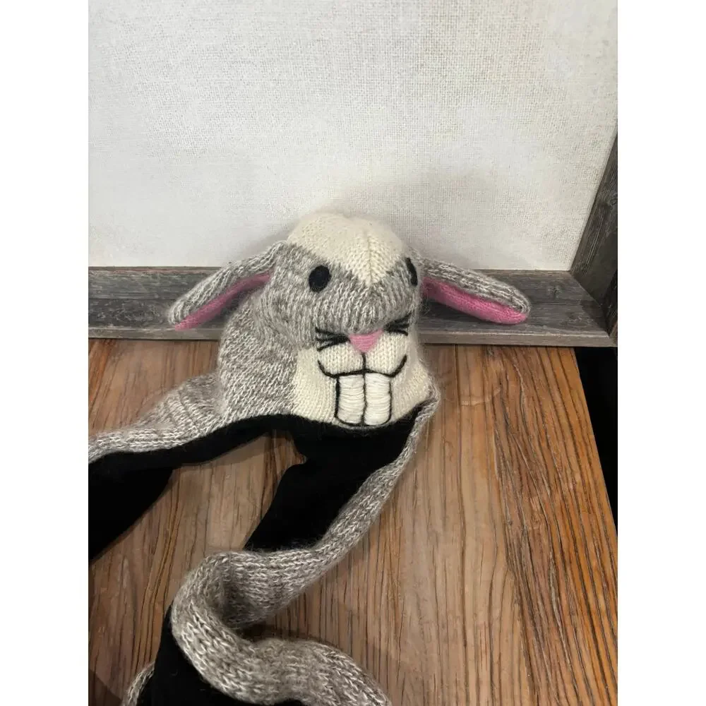 Handmade One Piece Bunny Rabbit Hat & Mittens, 100% Wool Made in Nepal